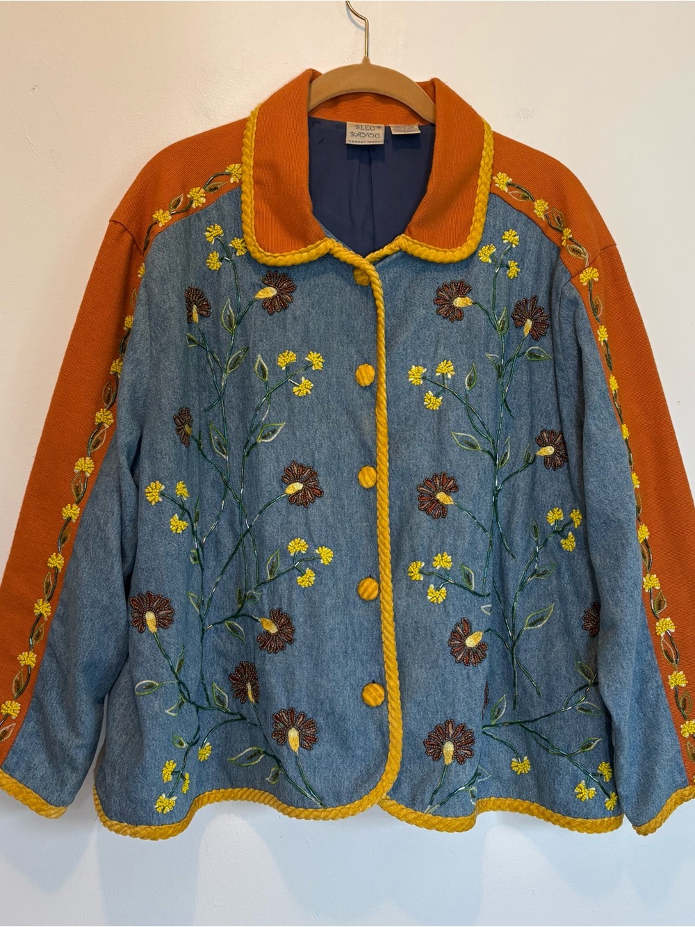 Vintage Denim Jacket Beaded Embroidered Corduroy Velour Contrast Women’s XL Fall